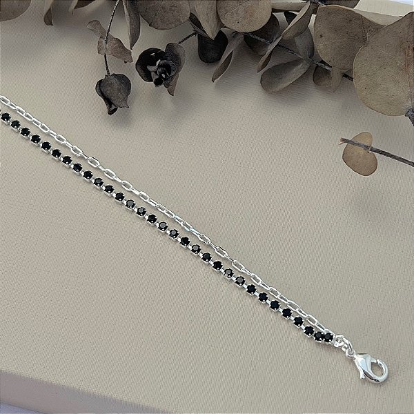 Pulseira dupla riviera e elos em banho de prata silver
