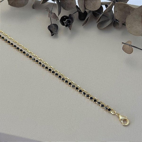 Pulseira dupla riviera e elos em banho de ouro 18k