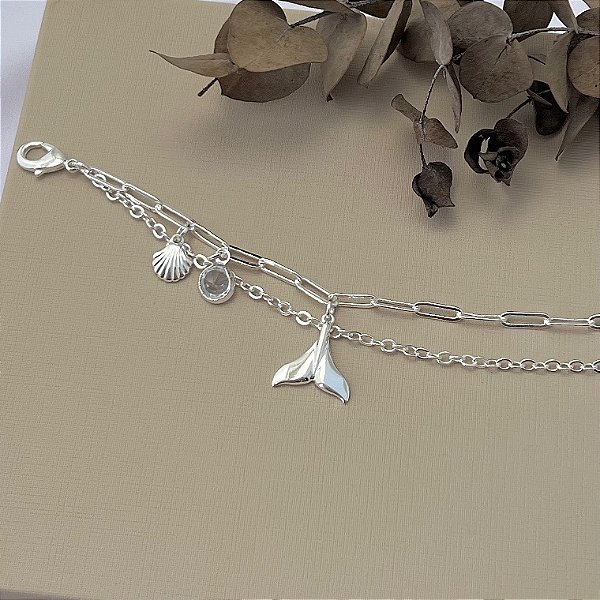 Pulseira rabo de sereia, concha e ponto de luz em banho de prata silver