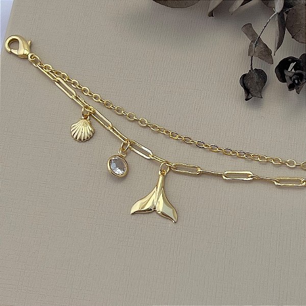 Pulseira rabo de sereia, concha e ponto de luz em banho de ouro 18k