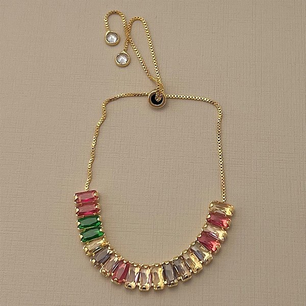 Pulseira de zircônias coloridas com fecho gravata em banho de ouro 18k