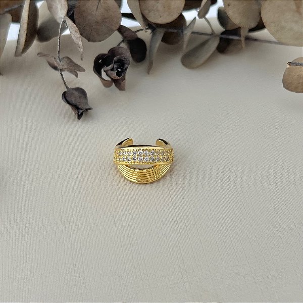 Piercing fake robusto duas fileiras, lisa e cravejada em banho de ouro 18k