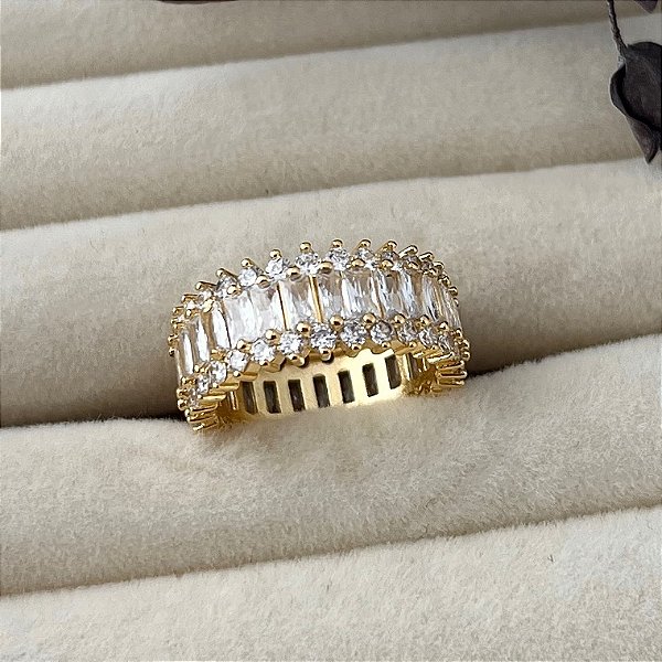 Anel aro 16 inteiro cravejado de zircônias em banho de ouro 18k