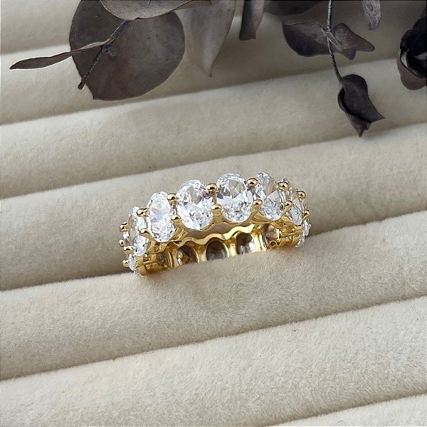 Anel aro 20 inteiro cravejado de zircônias ovais em banho de ouro 18k
