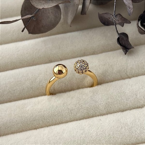 Anel aro 22,5 bolinhas lisa e cravejada em banho de ouro 18k