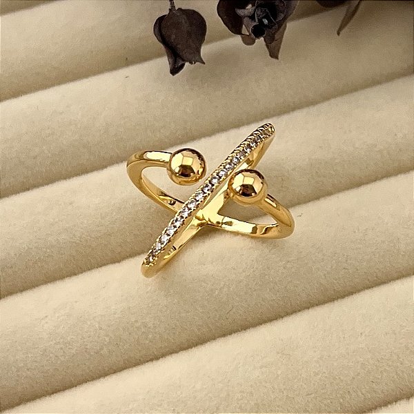 Anel aro 17 cravejado e bolas lisas em banho de ouro 18k