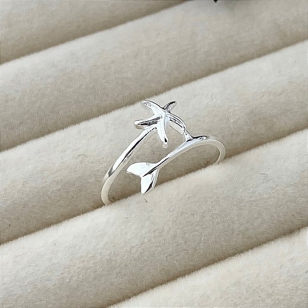 Anel aro 20 estrela do mar e rabo de sereia em banho de prata silver