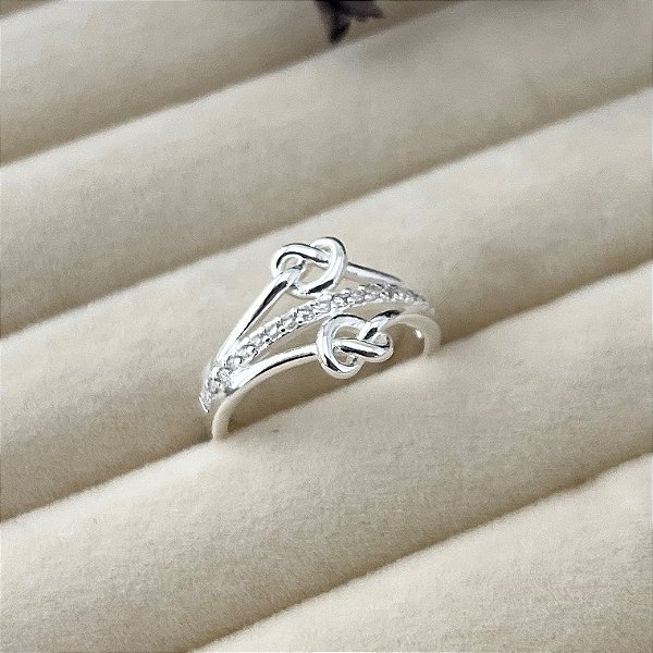 Anel aro 25 infinito corda meio cravejado em banho de prata silver