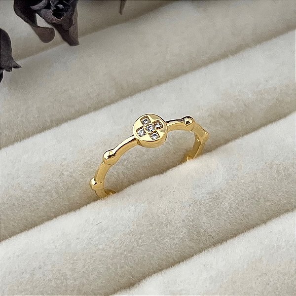 Anel aro 17,5 cruz cravejado em banho de ouro 18k