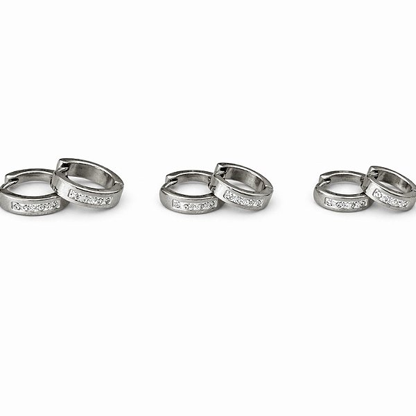 Trio de argolas tubo cravejada em aço inox