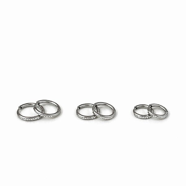 Trio de argolas fina cravejada em aço inox