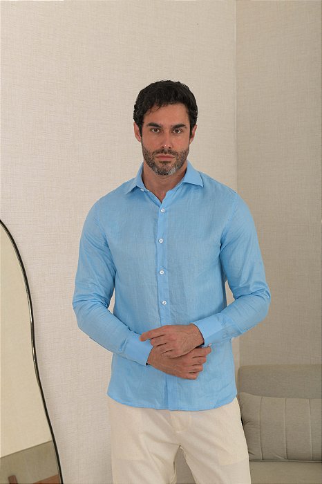 Camisa Maga Longa Colarinho Italiano 100% Linho