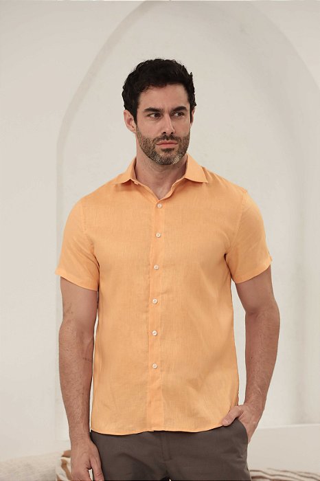 Camisa Maga Curta Colarinho Italiano 100% Linho