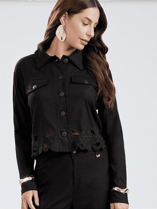 Camisa Gris com Linho e Elastano Bordado