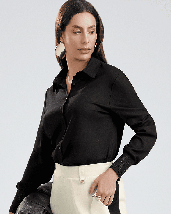 Camisa Gris com Linho e Elastano Bordado