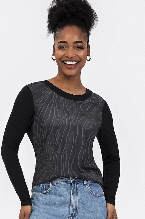 Blusa Stretch Print Viscose Listra Dupla Feminina Habana