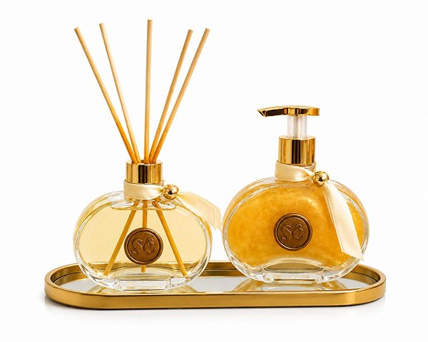Kit Lavabo Dourado com Difusor, Sabonete Líquido e Bandeja Decorativa – SÊ HOME