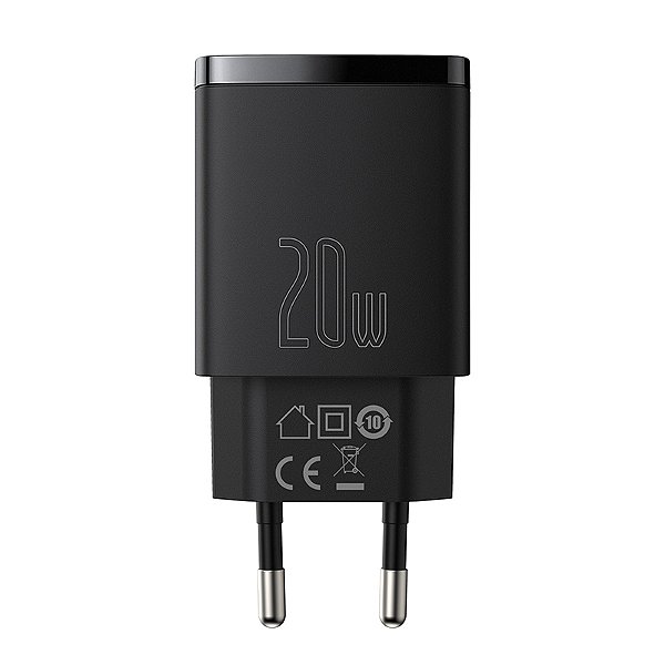 Fonte Carregador Baseus Compact Rápido Carregamento USB A e Tipo C 20W Preto
