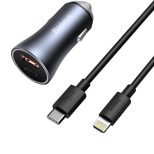 Carregador Veicular Baseus Duplo Golden Turbo 40W USB-A e USB-C Com Cabo Lightning