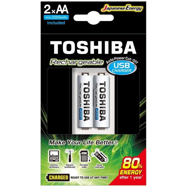Carregador de Pilhas USB Toshiba TNHC-6GME2 CB (Com 2 Pilhas AA 2000MAh)