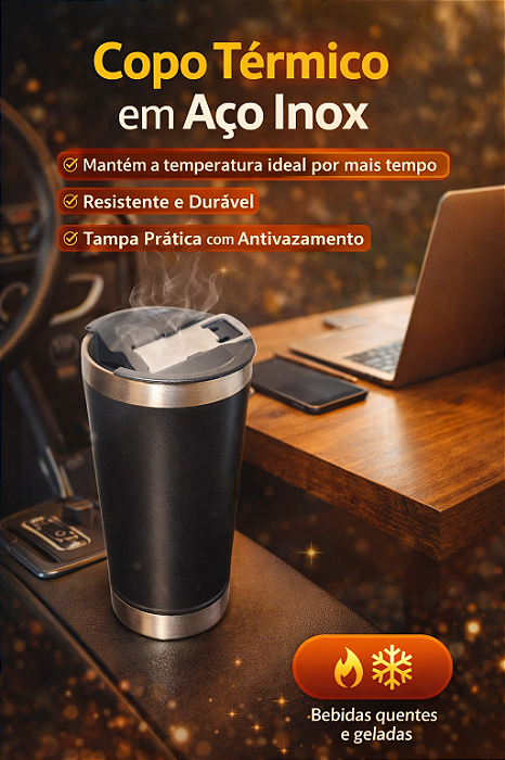 Copo Térmico em Aço Inox com Tampa e Abridor de Garrafa