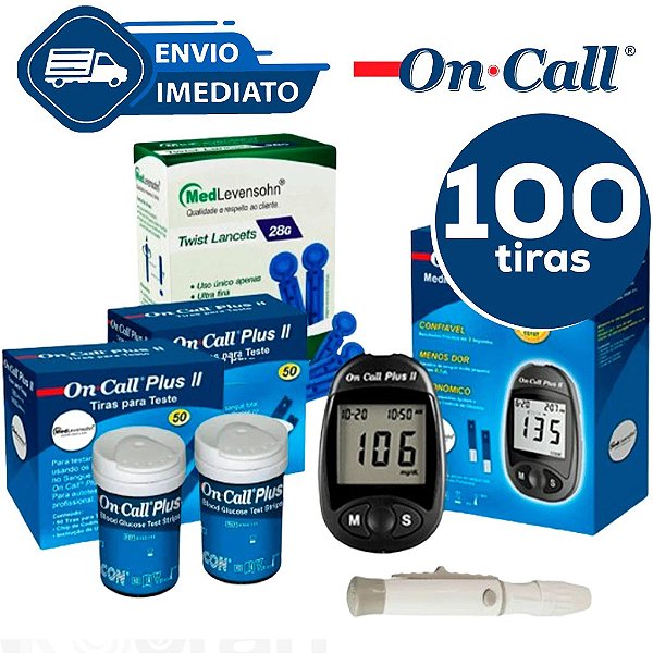Kit aparelho Glicemia On Call Plus II 1 Monitor + 100 Tiras + 100 Lancetas + 1 Lancetador + controle
