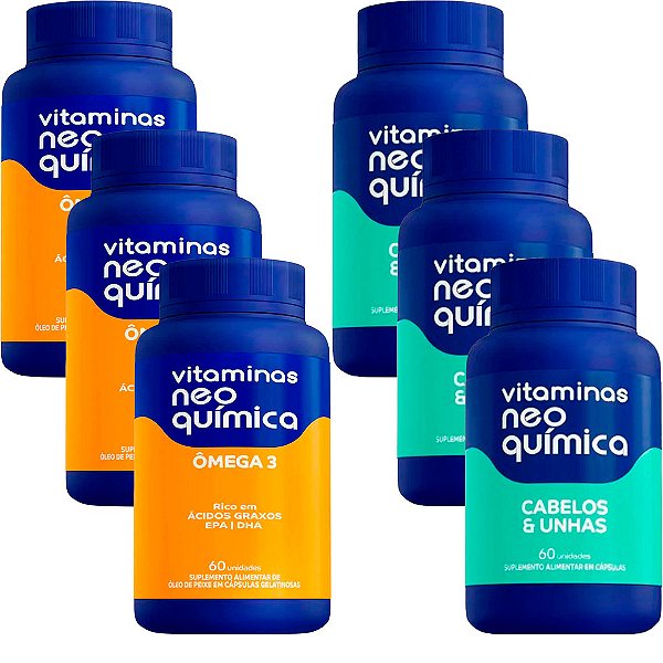 Kit Suplemento Alimentar de Ômega 3 + Cabelos e unhas Vitaminas Neo Quimica 60/60 Cápsulas