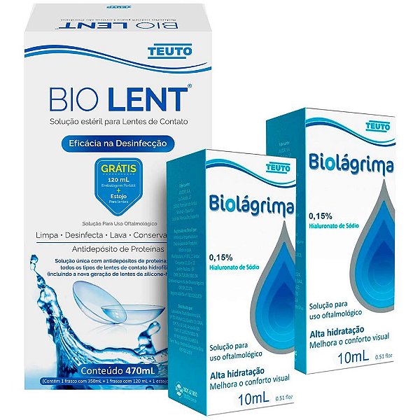 Kit 1+1 Biolent Solução Para Lentes De Contato 470ml + 2 Colírio Biolágrima Hidrata E Lubrifica Olhos / Lentes 10ml