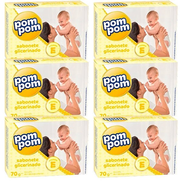 Kit 6 Sabonete Barra Infantil Pom Pom Glicerinado 70g