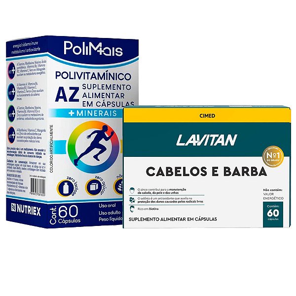 Kit Polimais A-Z 60 Caps + Lavitan Cabelos e barba 60 Caps - Imunidade Energia Metabolismo