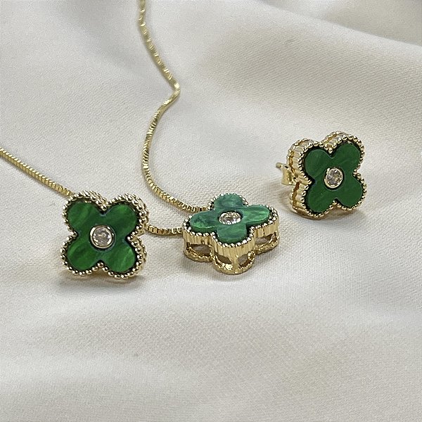 CONJUNTO FLOR VERDE NO DOURADO - SEMIJOIA