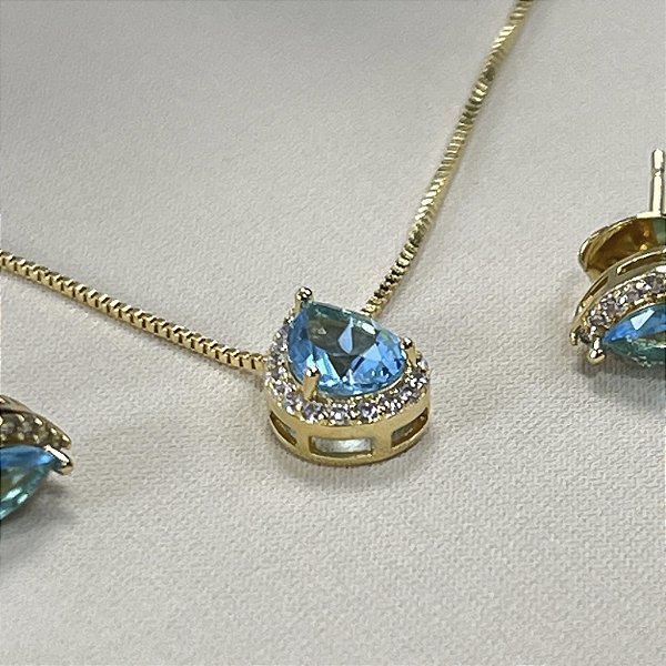 CONJUNTO GOTA AZUL NO DOURADO - SEMIJOIA