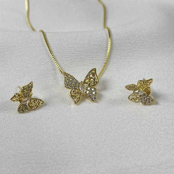 CONJUNTO BORBOLETAS CRAVEJADO - SEMIJOIA