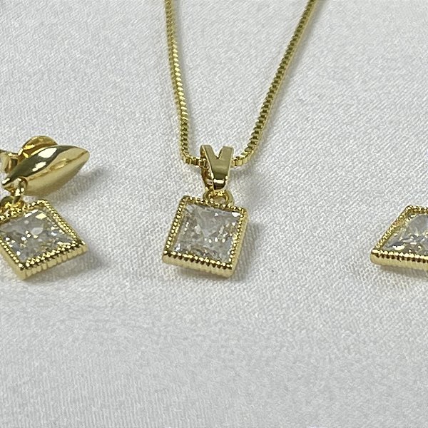 CONJUNTO COLAR E BRINCO QUADRADO ZIRCONIA - SEMIJOIA