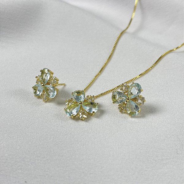 CONJUNTO FLOR CRAVEJADA AZUL CLARO - SEMIJOIA