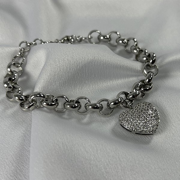 PULSEIRA ELOS BERLOQUE COM CORAÇÃO CRAVEJADO - PRATA 925