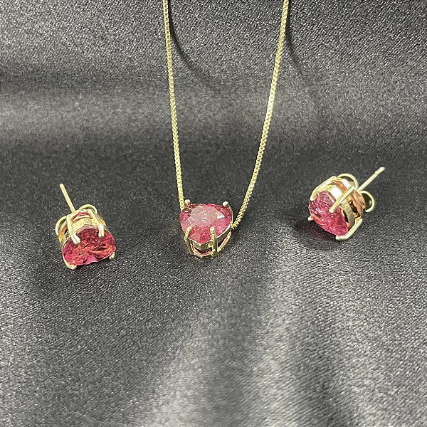 CONJUNTO CORAÇÃO CRISTAL VERMELHO - SEMIJOIA