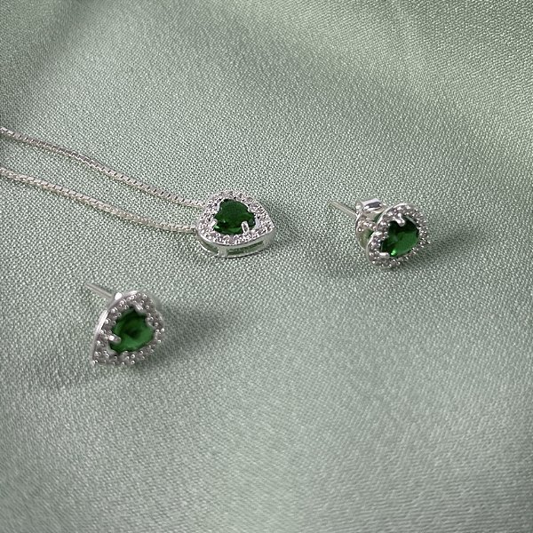 CONJUNTO PONTO DE LUZ CORAÇÃO LUXO VERDE - PRATA 925