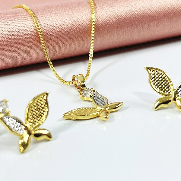 CONJUNTO BORBOLETAS DOURADAS COM PRATA - SEMIJOIA