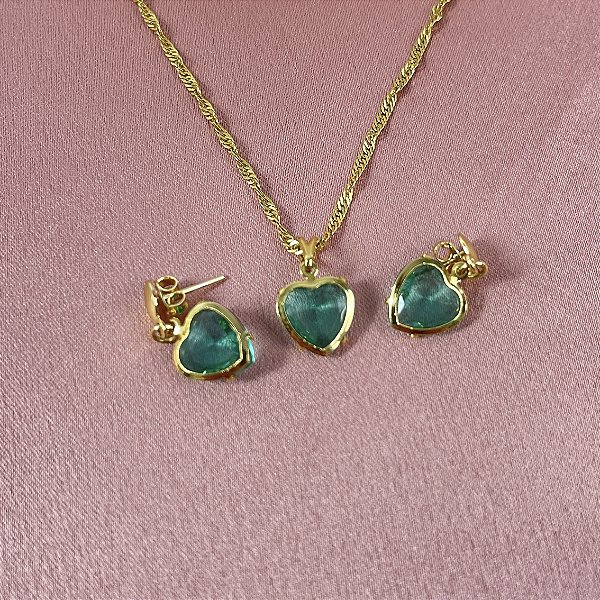 CONJUNTO COLAR E BRINCO PEDRA CORAÇÃO VERDE ÁGUA - SEMIJOIA