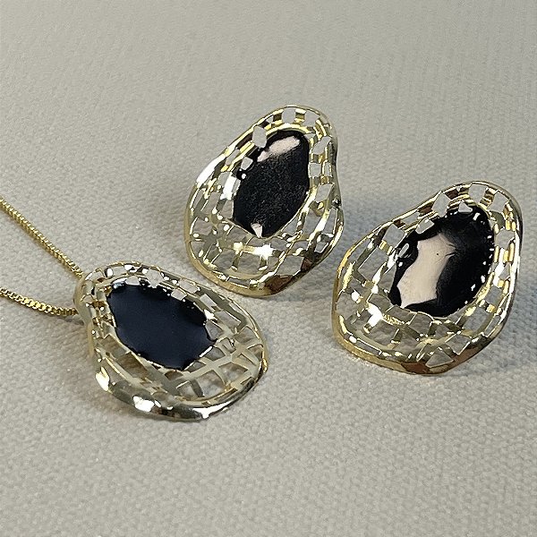CONJUNTO COLAR E BRINCO TRANÇADO MADREPEROLA / PRETO - SEMIJOIA