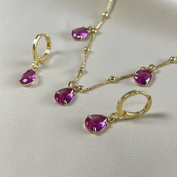 CONJUNTO COLAR VENEZIANAS E PEDRA ZIRCONIA PINK NO DOURADO - SEMIJOIA