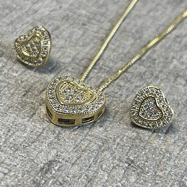 CONJUNTO CORAÇÃO CRAVEJADO - SEMIJOIA