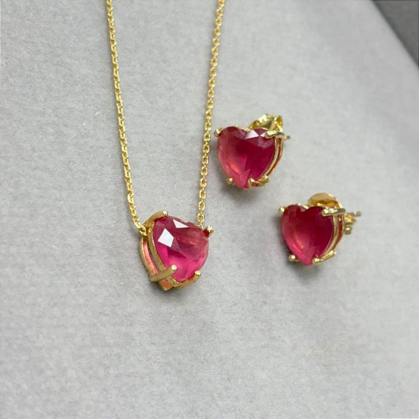 CONJUNTO CORAÇÃO ROSA NO DOURADO - SEMIJOIA