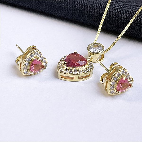 CONJUNTO CORAÇÃO VERMELHO CRAVEJADO - SEMIJOIA