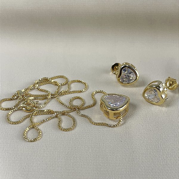 CONJUNTO CORAÇÃO ZIRCONIA DOURADA - SEMIJOIA