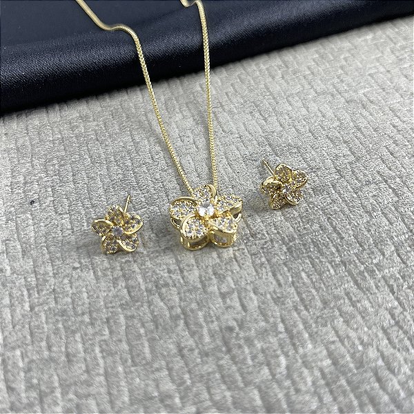 CONJUNTO FLOR CRAVEJADA - SEMIJOIA