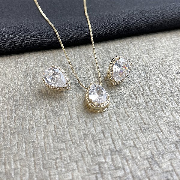 CONJUNTO GOTA PEDRA CRISTAL - SEMIJOIA