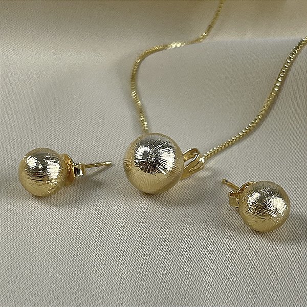 CONJUNTO PEROLAS RISCADAS DOURADAS - SEMIJOIA