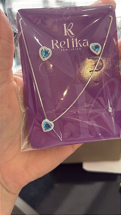 CONJUNTO PONTO DE LUZ CORAÇÃO LUXO AZUL - PRATA 925